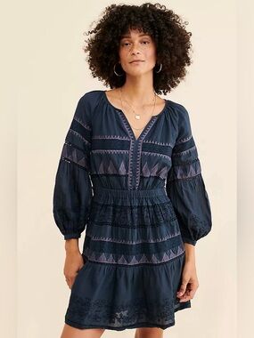 Anthropologie Skye Embroidered Mini Dress Cotton Peasant Boho Cottagecore Sz S